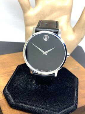 Movado Men's Watch 0607269 Swiss Quartz Silver Museum Black Dial Leather Strap